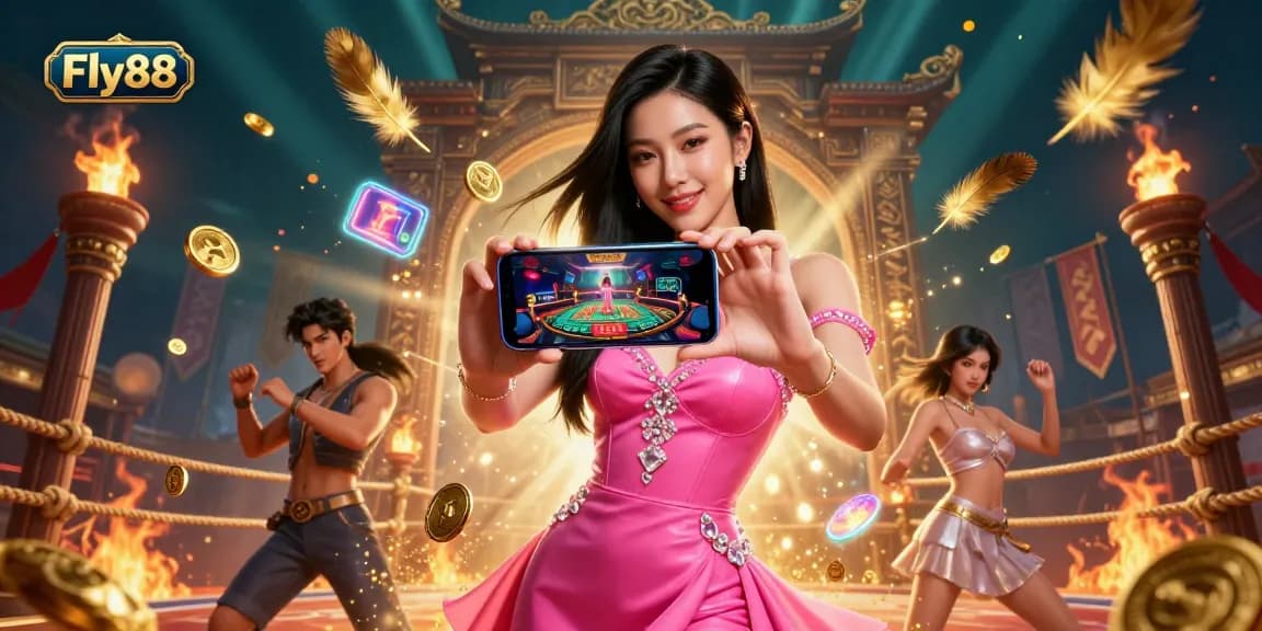 Engage with Fly88 and win at live dealer games showcased on a smartphone in a vibrant casino atmosphere.