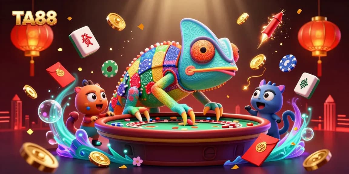 TA88 engages players by showcasing vibrant casino elements and a colorful chameleon character.