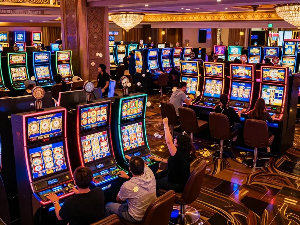 Players enjoying lively slot online gaming among colorful machines in a vibrant casino.