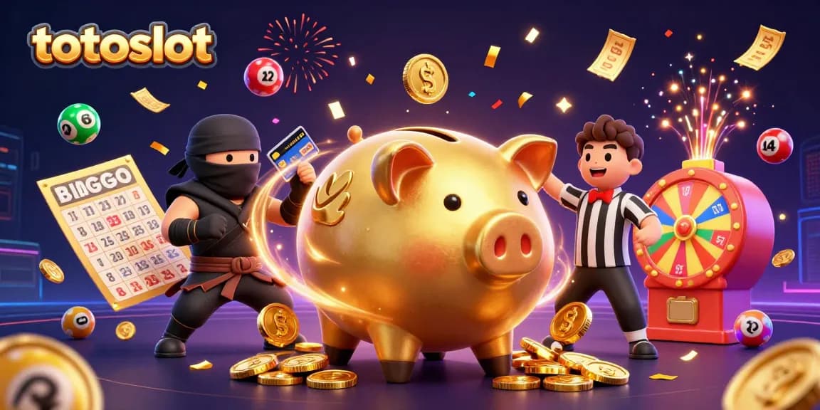 Totoslot thrilling scene where a golden piggy bank sumo wrestler shakes coins with dynamic lottery vibes.