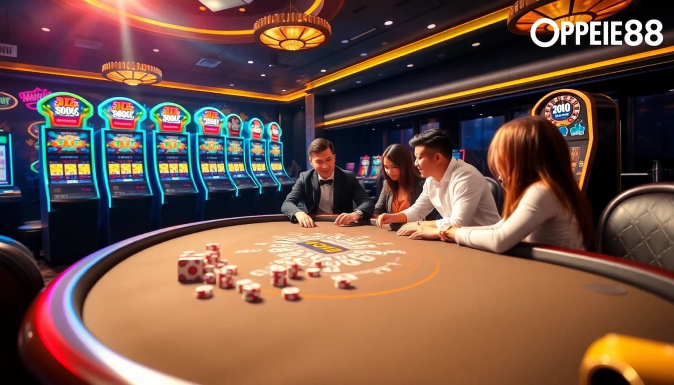 Open88 players enjoying an exciting game at a vibrant casino table with poker chips and roulette wheel.