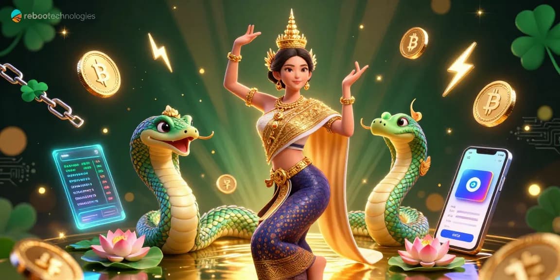 Engage with reboottechnologies in this vibrant 3D casino illustration showcasing crypto elements and a Thai dancer.