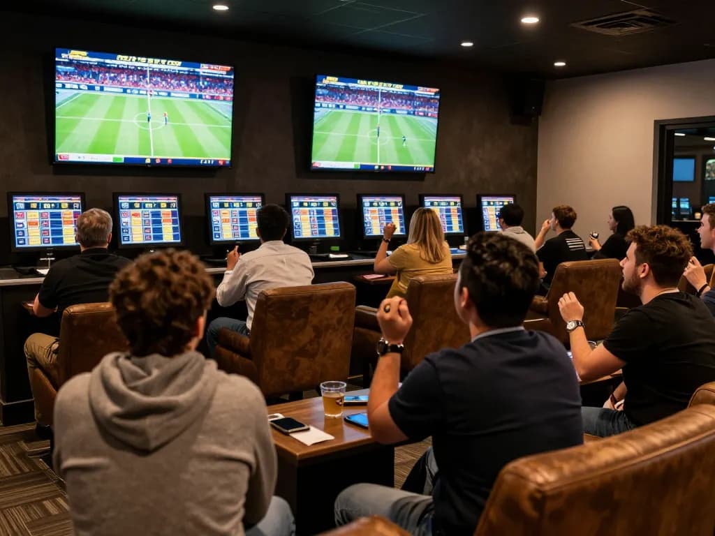 Kèo nhà cái hôm nay showcased in a lively sports betting lounge with engaged bettors analyzing odds on multiple screens