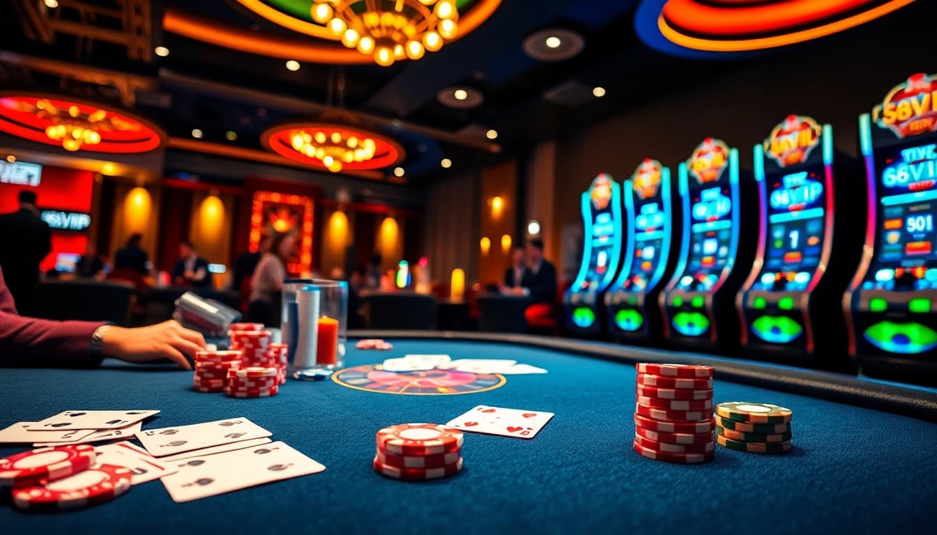 Engaged players experiencing the thrill of 68VIP online casino with poker chips and roulette wheel.