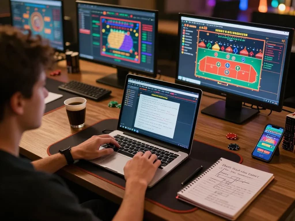 Player strategizing in online casino, using ATQ gaming setup with multiple screens and notes.