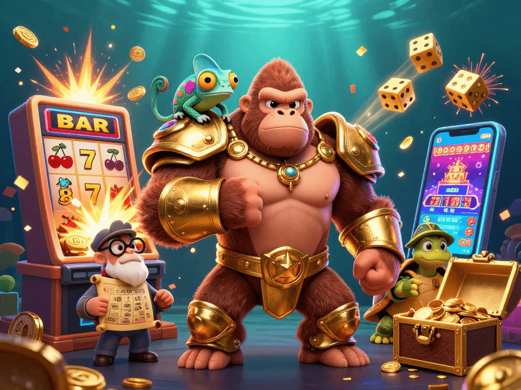 Powerful gorilla king celebrates a jackpot with a colorful scene of free credit slot games bursting with coins and symbols.