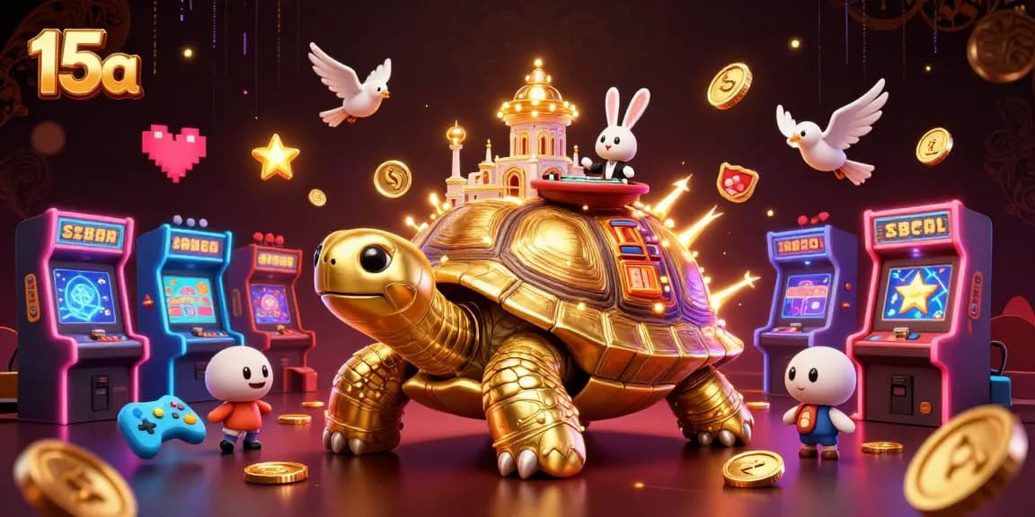 Jogue no 15a com um divertido dealer e muitos elementos de jogos de cassino iluminados na cena vibrante.