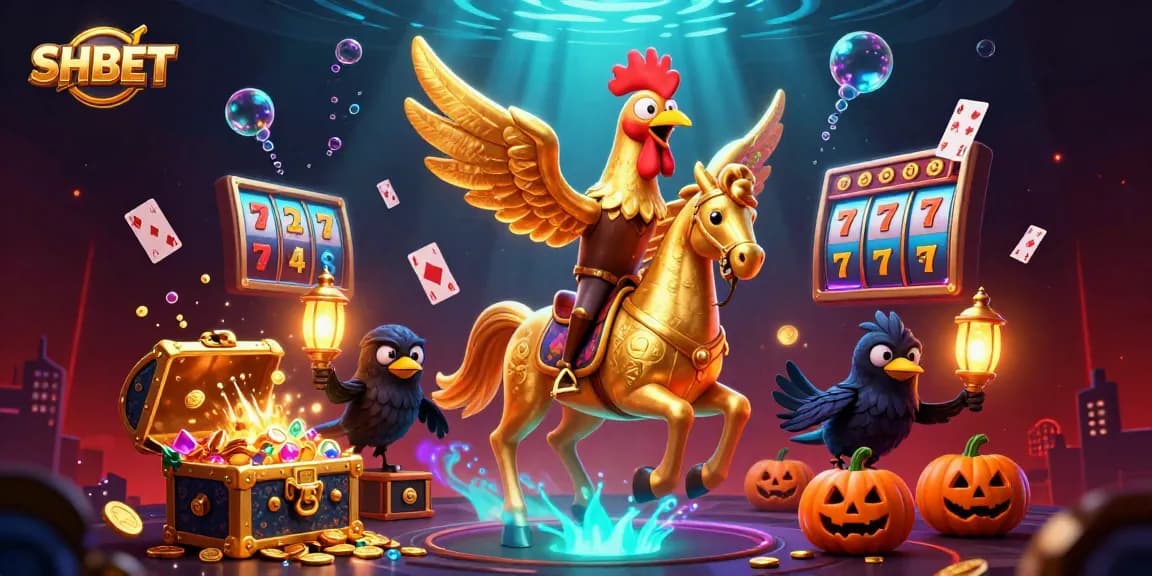 Experience the SHBET thrill with a golden rooster and friends in a vibrant casino scene.