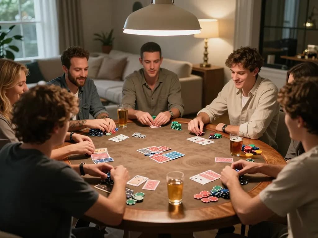 Friends gathered around a table playing poker, showcasing a Qh88 link to online gaming options