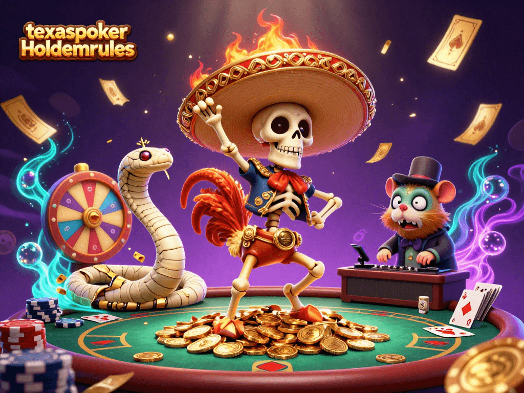 texaspokerholdemrules showcases a lively Texas Poker scene with vibrant characters dancing on golden coins.