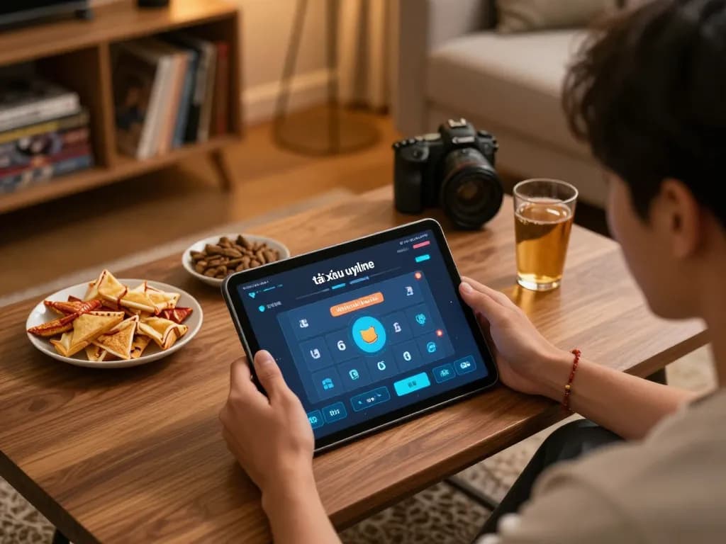 Engaging gameplay with app tài xỉu online uy tín showing a player focused on a tablet while enjoying a cozy home environment.