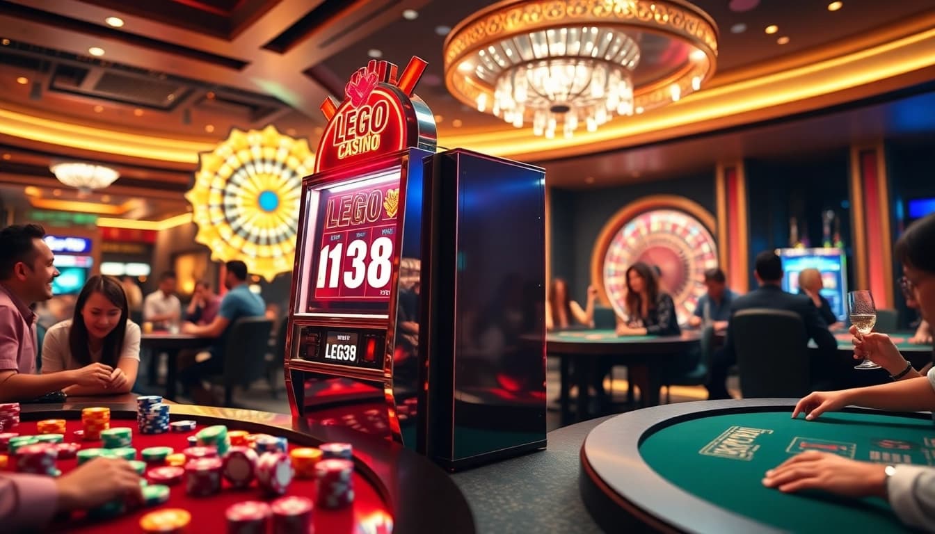 Experience the excitement of LEGO138 slot machine with players celebrating wins and vibrant casino ambiance.