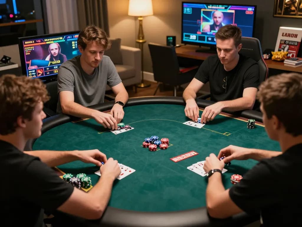 Para pemain Master88 menikmati permainan poker online yang intens di pengaturan rumah modern