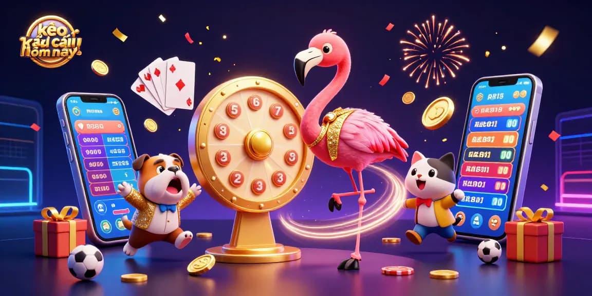Engage with kèo nhà cái hôm nay in a vibrant sports betting scene featuring a flamingo host, bulldog contestant, and exciting game elements.