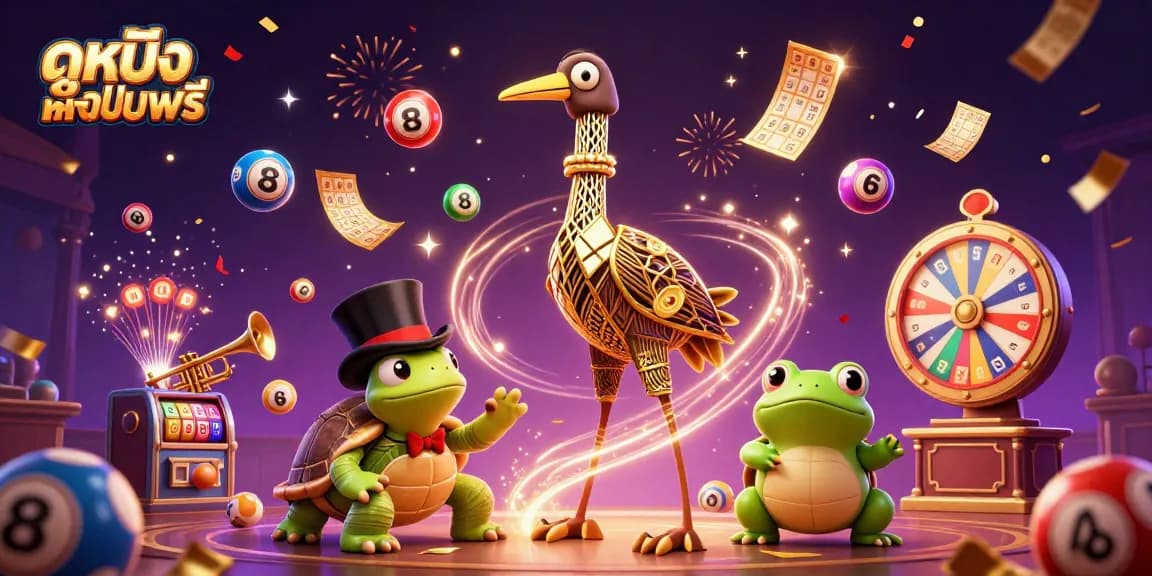 Engaging scene of ดูหนังออนไลน์ฟรี with vibrant characters, colorful lottery balls, and a speakeasy theme.