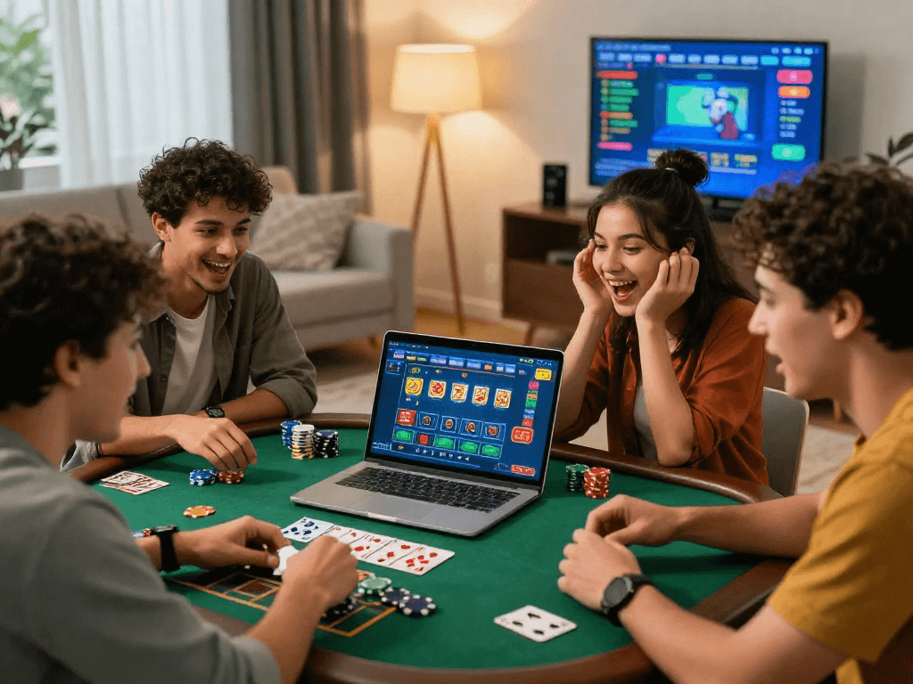 Friends engaging in hargatoto online gaming with excitement in a cozy living room setting.