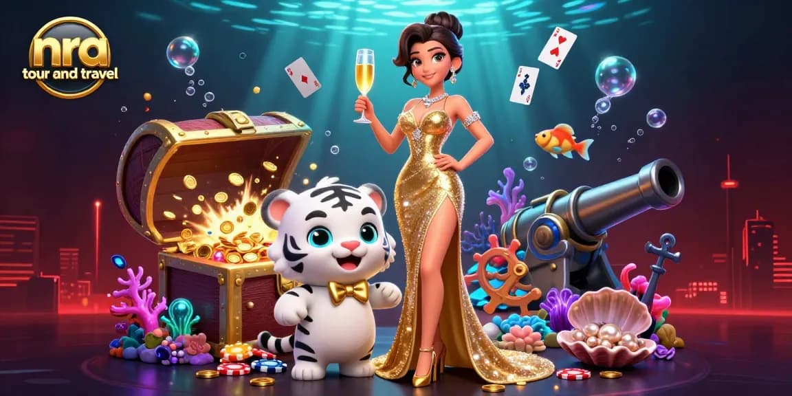 Engage in the excitement of nra tour and travel with a glamorous scene featuring a woman and a lucky tiger cub amidst casino elements.