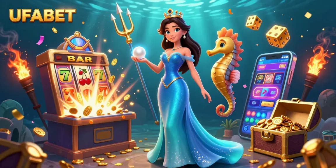 Experience the excitement of UFABET with a vibrant underwater casino scene filled with jackpots and treasures.
