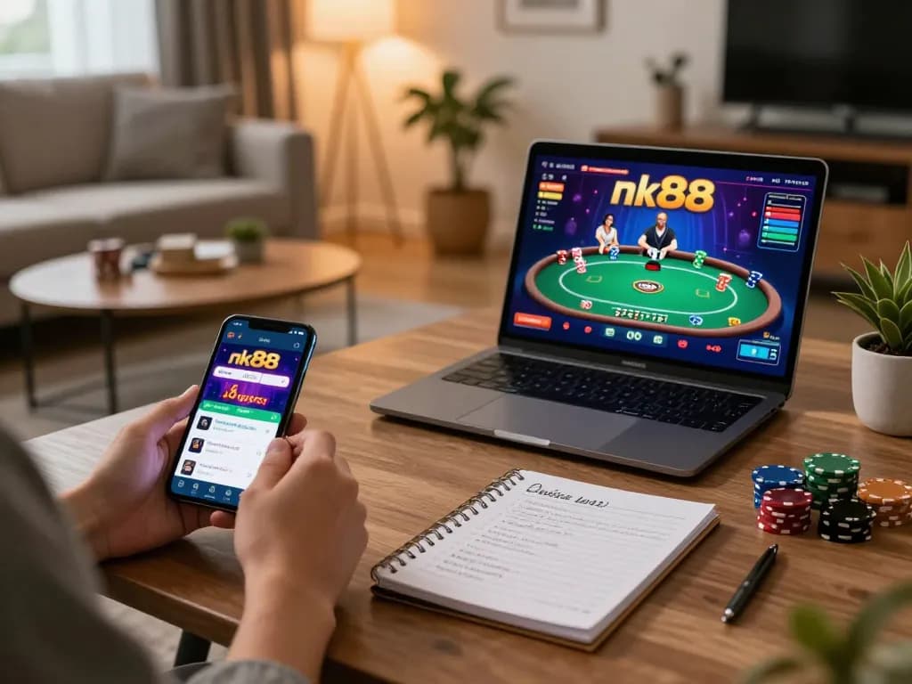Player engaging with nk88 casino app on smartphone while strategizing betting at home.