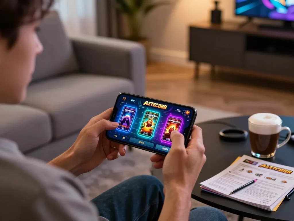 Engaging with the AZTEC888 casino app on a smartphone in a relaxed home gaming setting