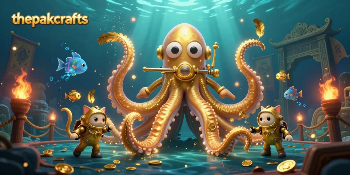 Experience thrilling gambling with thepakcrafts, featuring a colossal kraken and underwater treasures in this vibrant illustration.