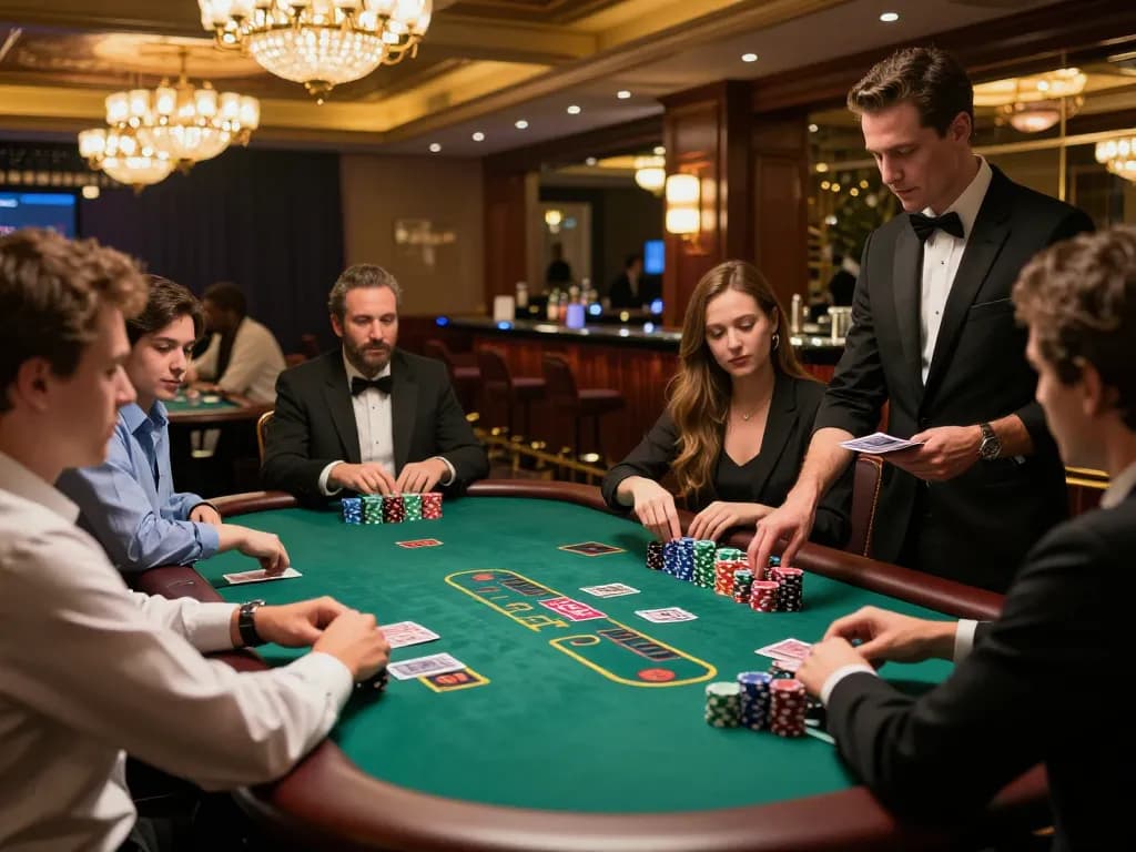 Players at a blackjack table strategizing bets in a lively casino setting, du88 highlighted