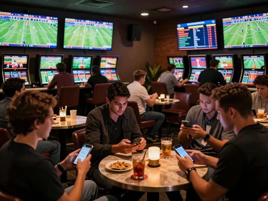Engaging moment of friends discussing kèo nhà cái strategies during live sports betting.
