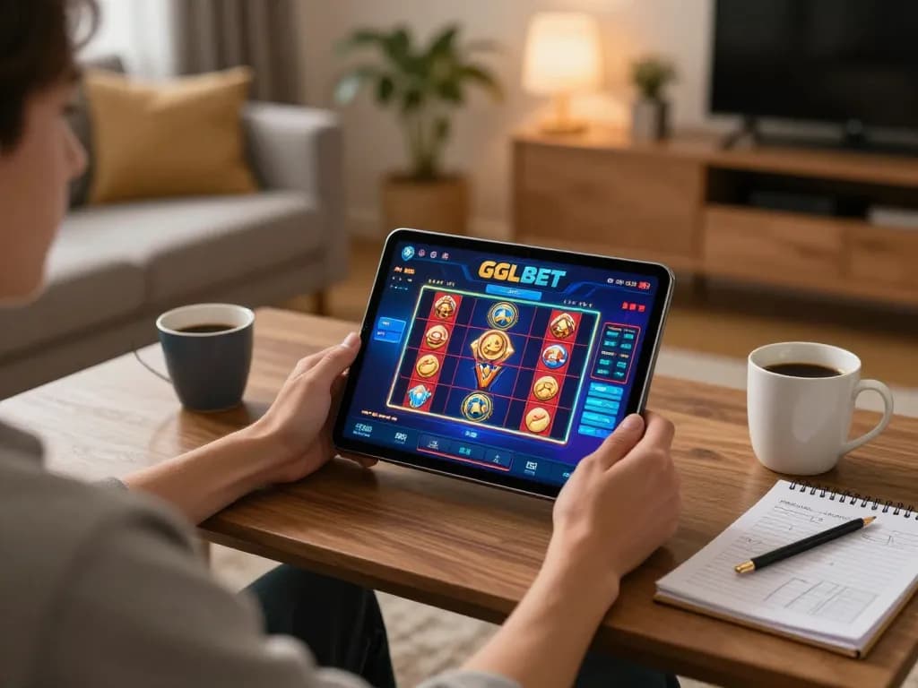 Player enjoying GGLBET live slot game on tablet at home, emphasizing casual yet strategic gaming.