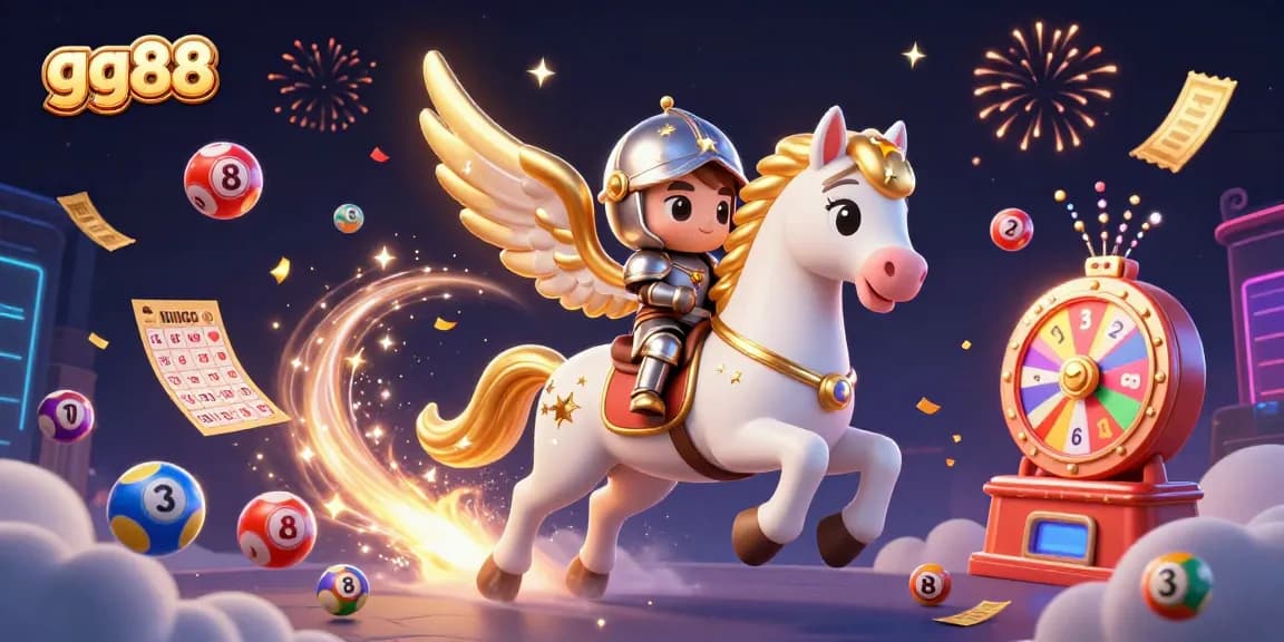 Experience winning at gg88 with a dynamic 3D cartoon scene of a celestial horse and knight amid colorful gaming elements.