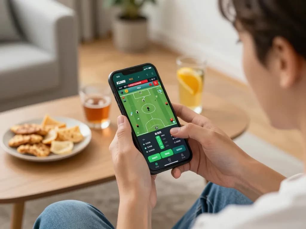 Kuwin app being used for online sports betting in a cozy home setting, showcasing excitement and engagement.