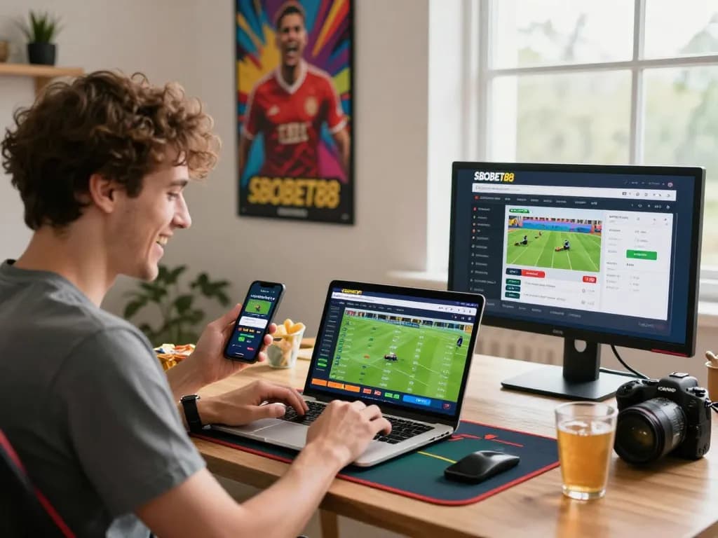 SBOBET88 online sportsbook experience with a user enjoying live betting and statistics.