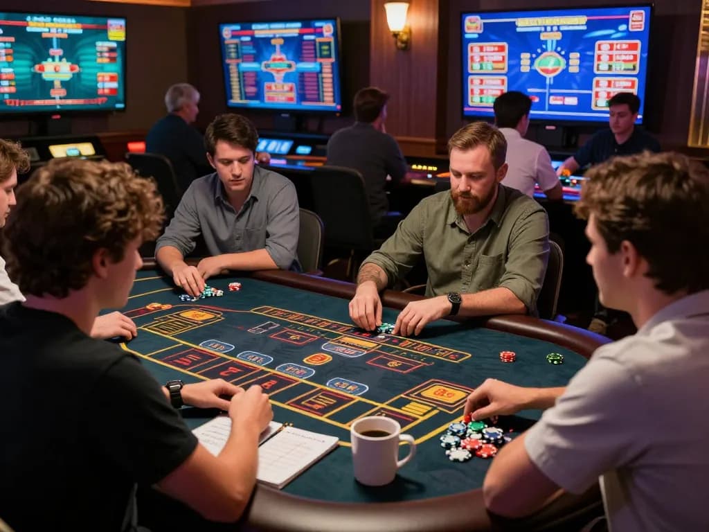 Players strategizing at F168 online casino table with multiple screens showing gameplay action
