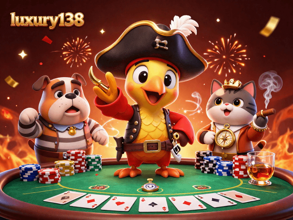 Menggandakan keseruan dengan luxury138, gambarkan suasana kasino yang berisi karakter bajak laut dan elemen poker.