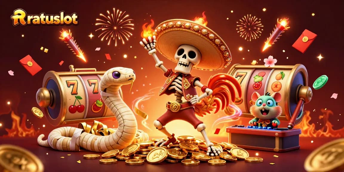 Experience winning thrills with ratuslot in a vibrant casino illustration featuring lucky symbols and dynamic celebrations.