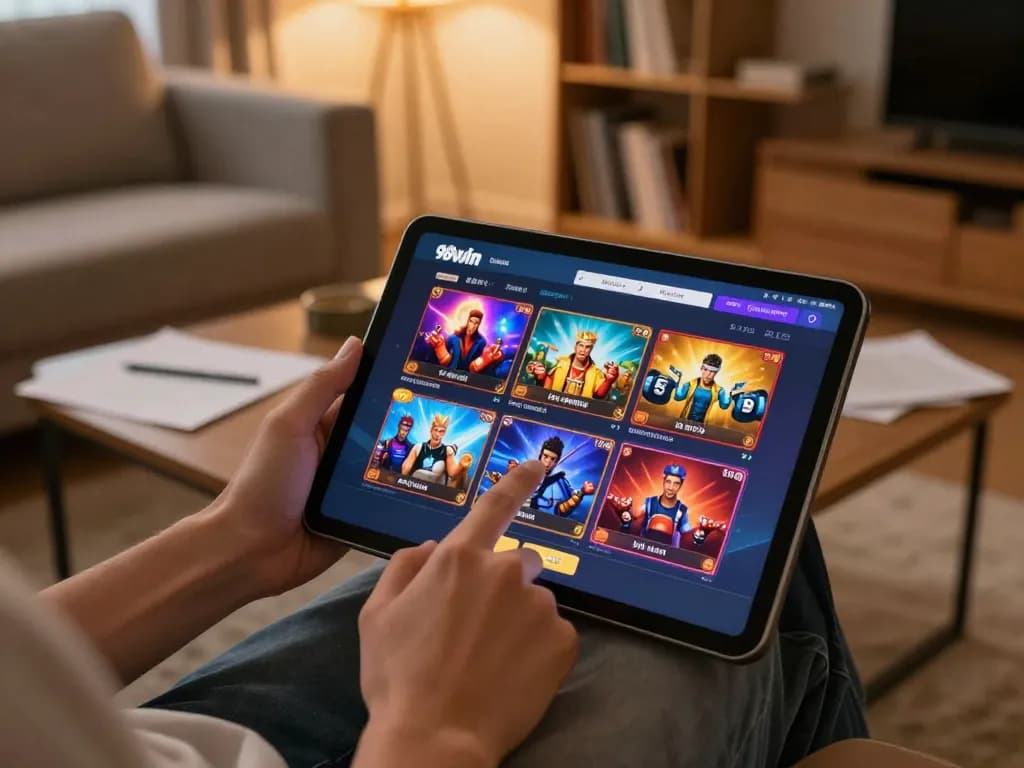 98win user exploring diverse online games on tablet, showcasing immersive entertainment.