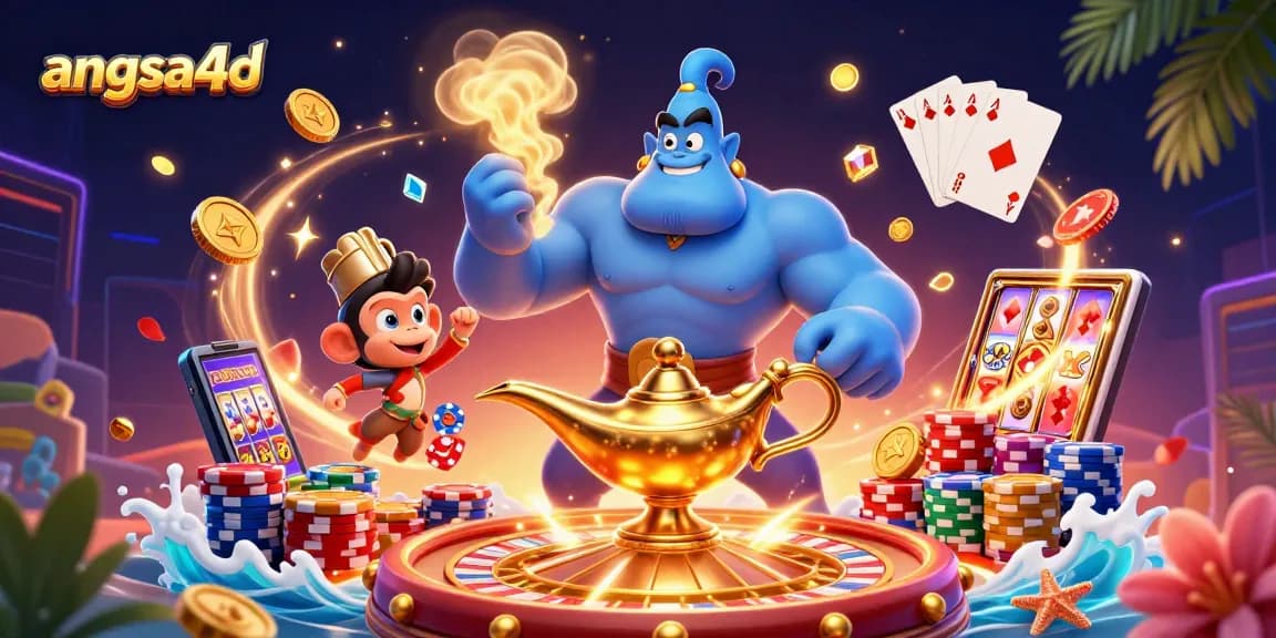 Experience the excitement of angsa4d with vibrant illustrations of a genie, monkey, and poker chips.