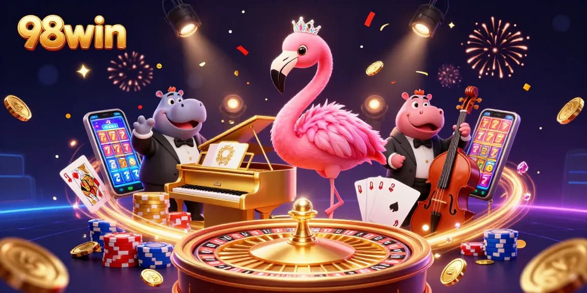 Experience the excitement of 98win with stunning casino visuals featuring vibrant characters and magical casinos.