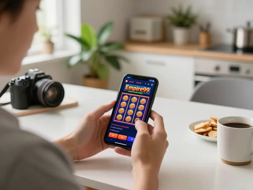 Pemain yang terlibat menjelajahi permainan slot empire99 di smartphone dalam suasana dapur yang nyaman.
