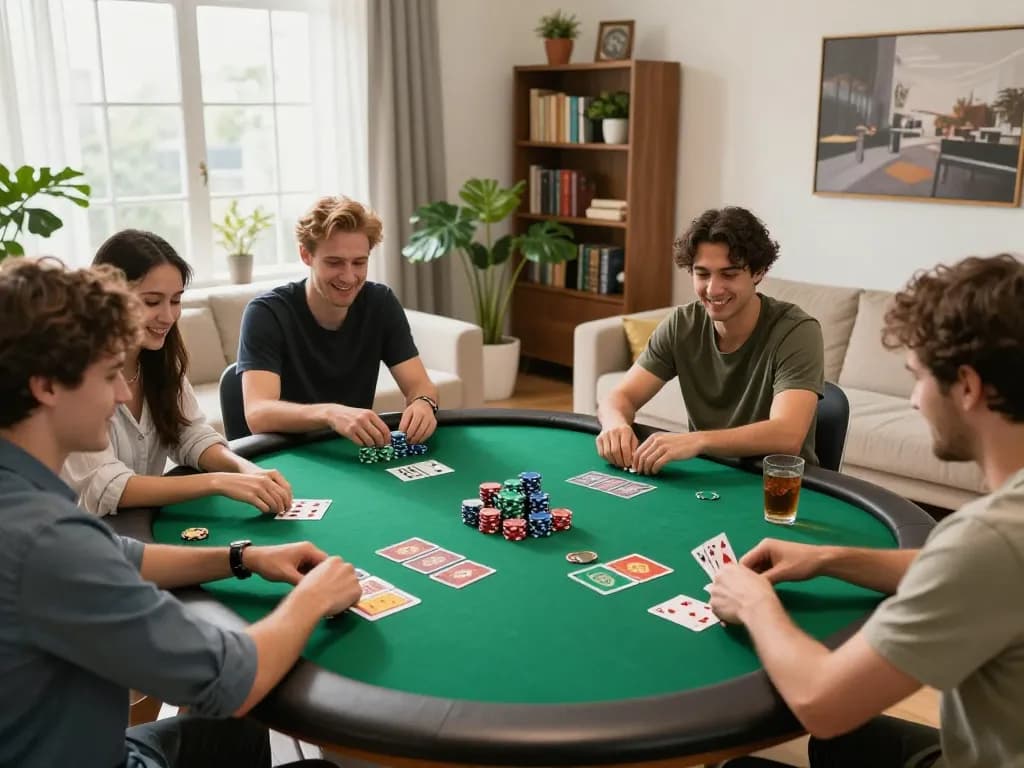 Upintogel poker game with friends enjoying cards and camaraderie in a stylish home setting.
