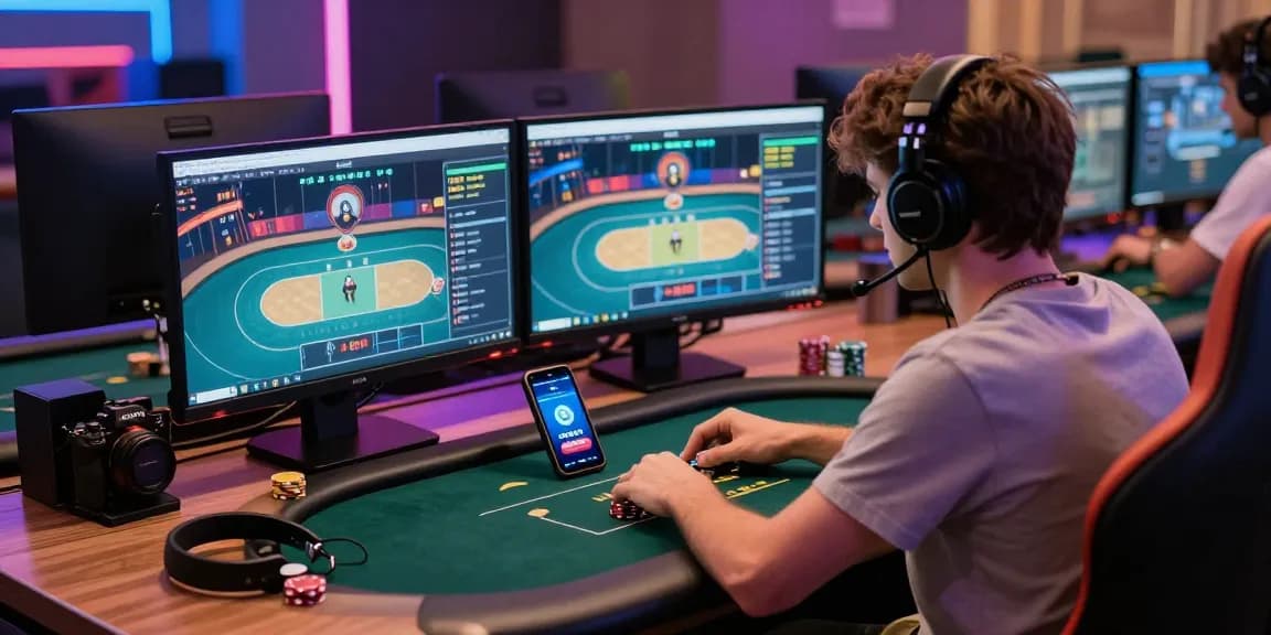 Permainan dewapoker online dengan pemain fokus di meja modern, menampilkan suasana seru