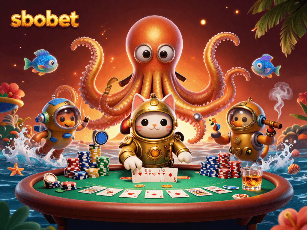 Experience sbobet betting thrills with a colossal kraken and diving cat in a vibrant 3D scene.