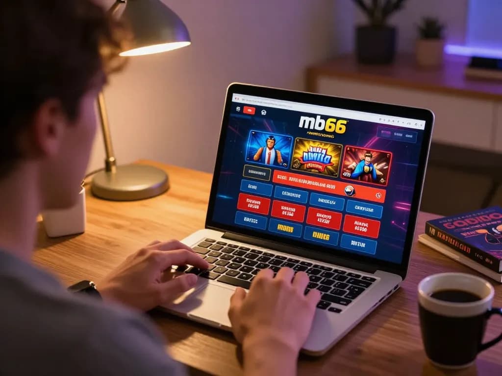 Engaged player using mb66 platform for strategic online casino gaming in a warm home office