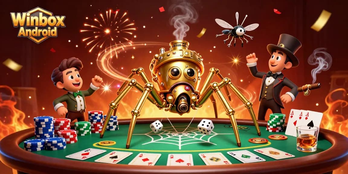 Engage with the Winbox Android app, illustrated here with dynamic poker-themed elements and steampunk flair.