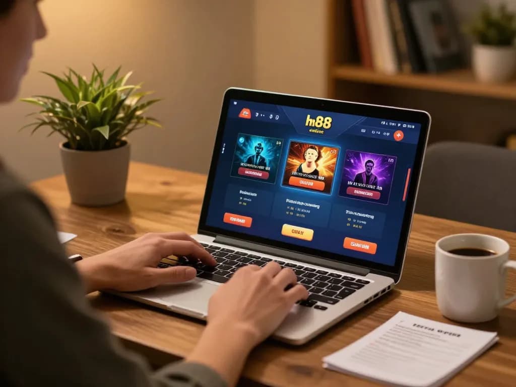 Person engaging with online hm 88 gaming interface on a laptop in a cozy atmosphere.