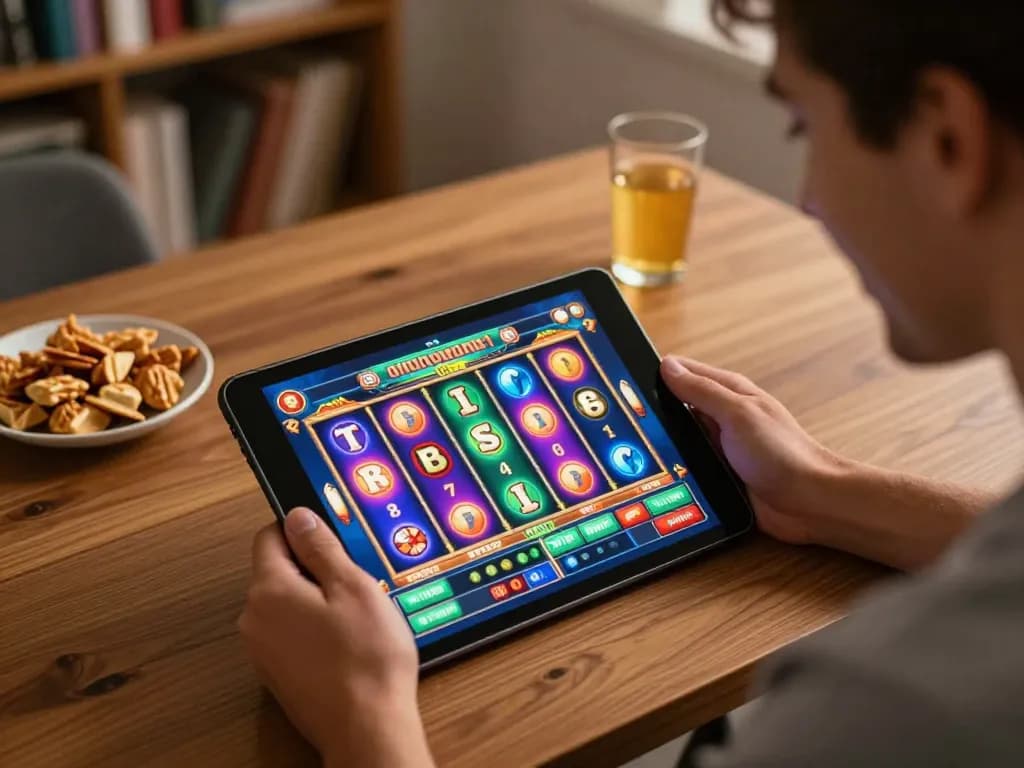 Player enjoying sg777 online casino slot game on tablet at home, vibrant graphics and cozy atmosphere