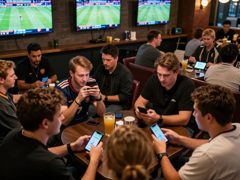 The scene shows sports fans engaged in live betting at the vibrant lounge of a casino, utilizing the website smartcityhostels for strategic gaming insights.