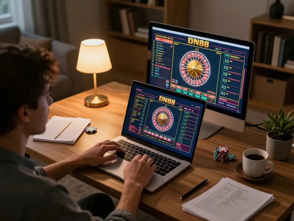 Engaging in DN88 online casino gameplay during a cozy evening at home, featuring roulette action on laptop screen.
