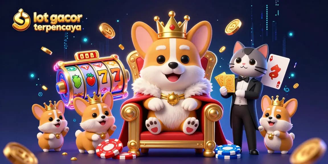 Slot gacor terpercaya menampilkan raja corgi kerajaan bermahkota emas dikelilingi oleh mesin slot berwarna-warni.