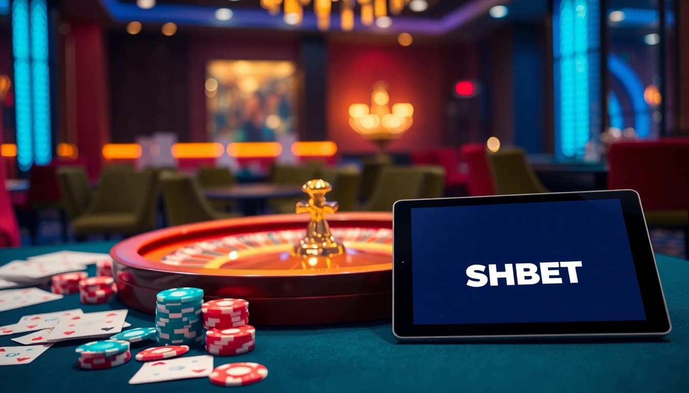 Experience SHBET thrill with an elegant casino scene featuring a roulette wheel and vibrant poker chips.