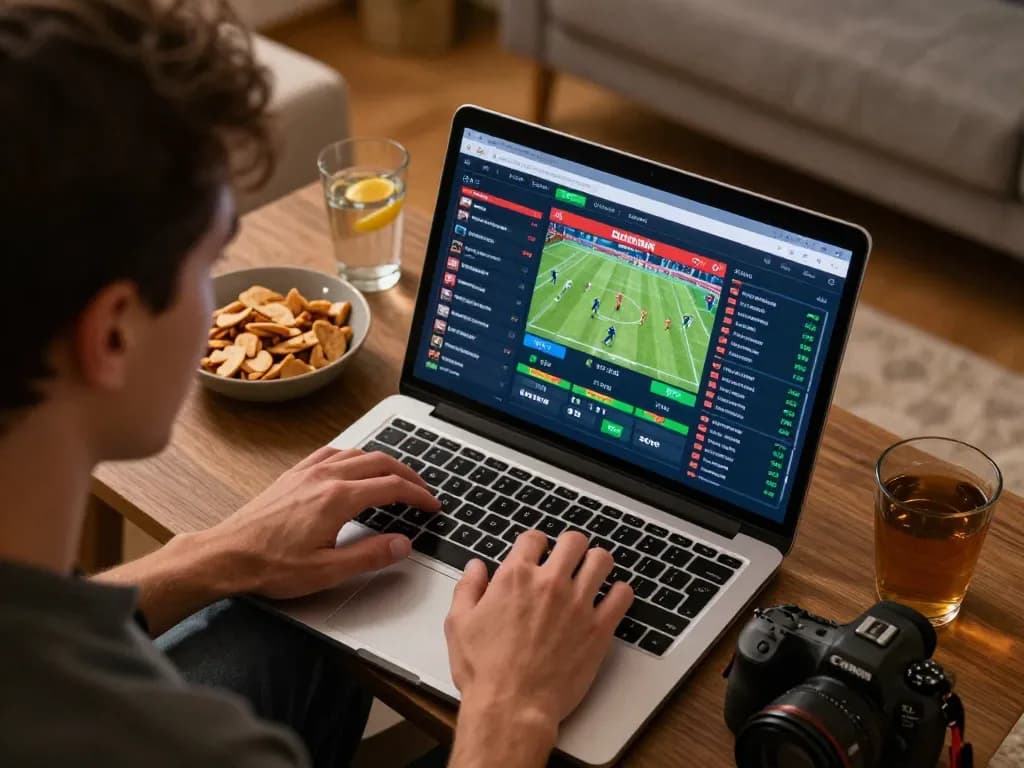 Engage with live sports betting at https://rikbet.global/, showcasing an immersive online gambling experience with a laptop.